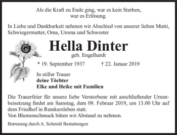 Traueranzeige von Hella Dinter  von Magdeburger Volksstimme