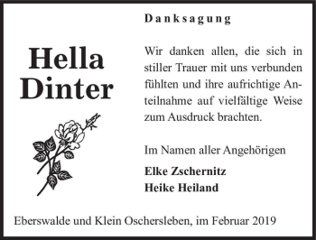 Traueranzeige von Hella Dinter  von Magdeburger Volksstimme