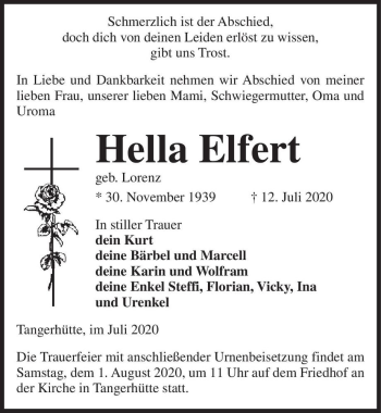 Traueranzeige von Hella Elfert (geb. Lorenz)  von Magdeburger Volksstimme