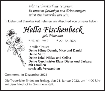 Traueranzeige von Hella Fischenbeck (geb. Neumann)  von Magdeburger Volksstimme