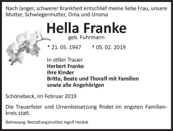 Traueranzeige von Hella Franke (geb. Fuhrmann)  von Magdeburger Volksstimme