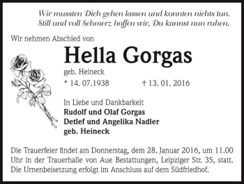 Traueranzeige von Hella Gorgas (geb. Heineck)  von Magdeburger Volksstimme