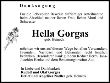 Traueranzeige von Hella Gorgas (geb. Heineck)  von Magdeburger Volksstimme