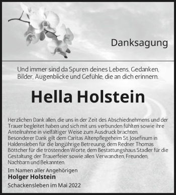 Traueranzeige von Hella Holstein  von Magdeburger Volksstimme