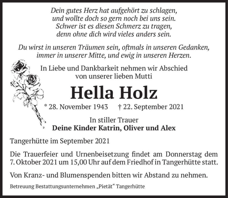  Traueranzeige für Hella Holz  vom 25.09.2021 aus Magdeburger Volksstimme