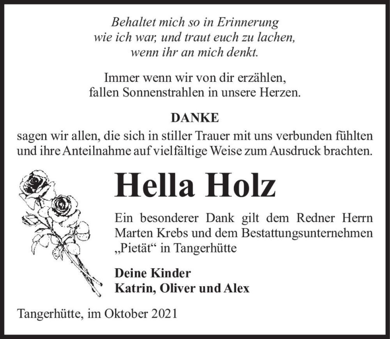  Traueranzeige für Hella Holz  vom 16.10.2021 aus Magdeburger Volksstimme
