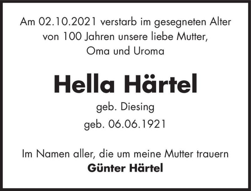  Traueranzeige für Hella Härtel (geb. Diesing)  vom 16.10.2021 aus Magdeburger Volksstimme