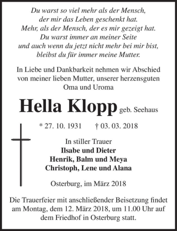 Traueranzeige von Hella Klopp (geb. Seehaus)  von Magdeburger Volksstimme