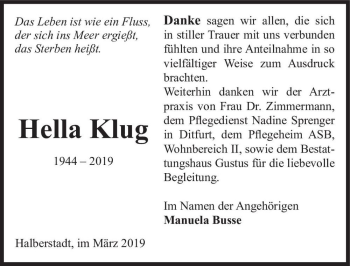 Traueranzeige von Hella Klug  von Magdeburger Volksstimme