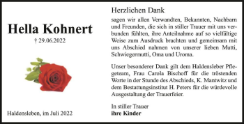 Traueranzeige von Hella Kohnert  von Magdeburger Volksstimme