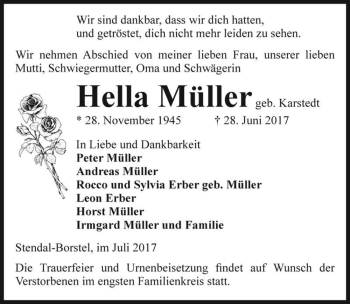 Traueranzeige von Hella Müller (geb. Karstedt)  von Magdeburger Volksstimme
