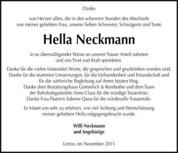Traueranzeige von Hella Neckmann  von Magdeburger Volksstimme