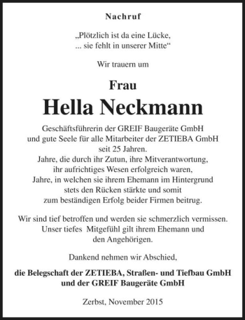 Traueranzeige von Hella Neckmann  von Magdeburger Volksstimme