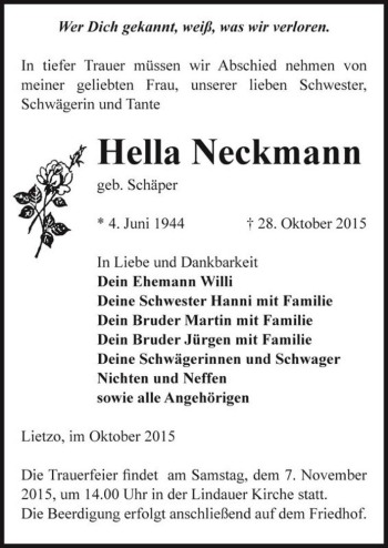 Traueranzeige von Hella Neckmann (geb. Schäper)  von Magdeburger Volksstimme