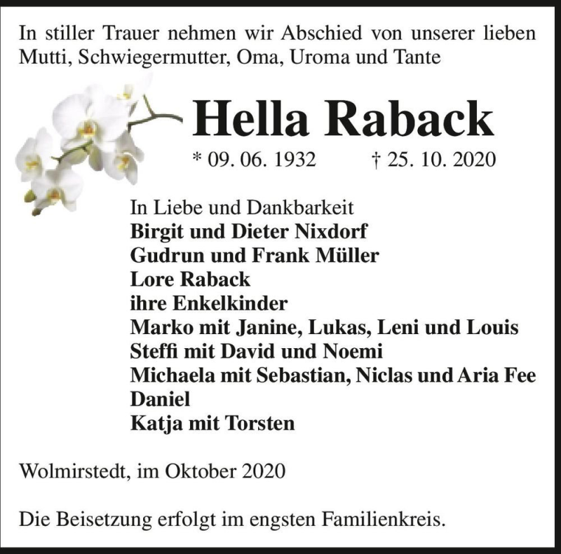  Traueranzeige für Hella Raback  vom 30.10.2020 aus Magdeburger Volksstimme