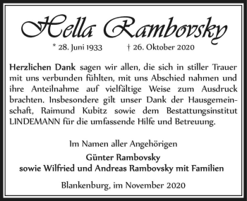 Traueranzeige von Hella Rambovsky  von Magdeburger Volksstimme