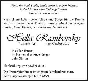 Traueranzeige von Hella Rambovsky  von Magdeburger Volksstimme