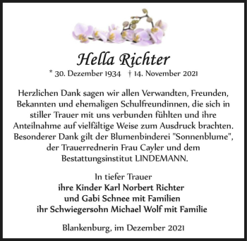 Traueranzeige von Hella Richter  von Magdeburger Volksstimme