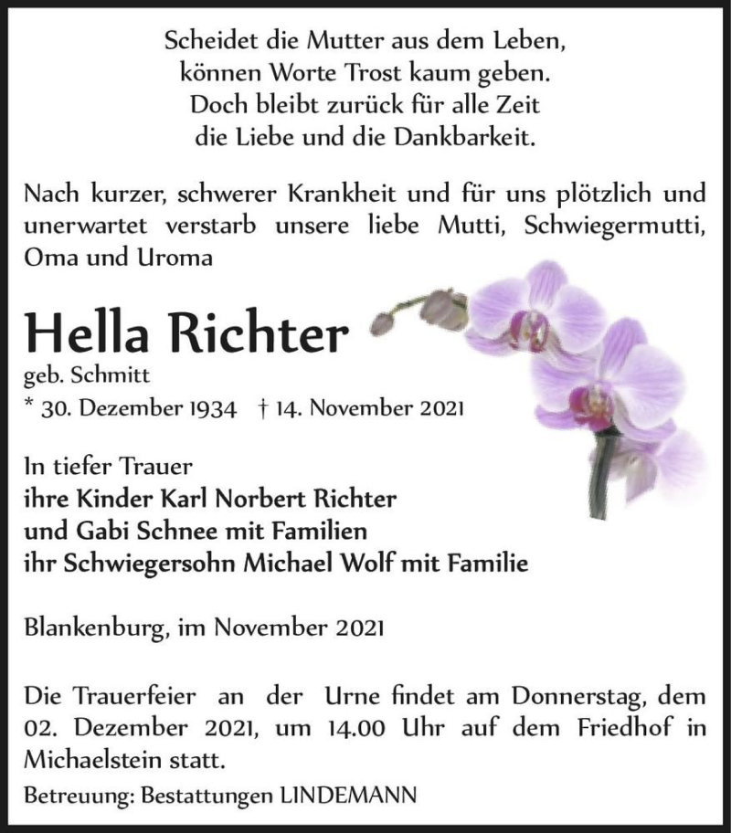 Traueranzeige für Hella Richter (geb. Schmitt)  vom 20.11.2021 aus Magdeburger Volksstimme