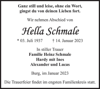 Traueranzeige von Hella Schmale  von Magdeburger Volksstimme