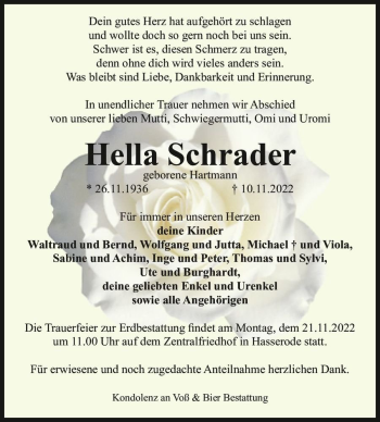 Traueranzeige von Hella Schrader (geb. Hartmann)  von Magdeburger Volksstimme