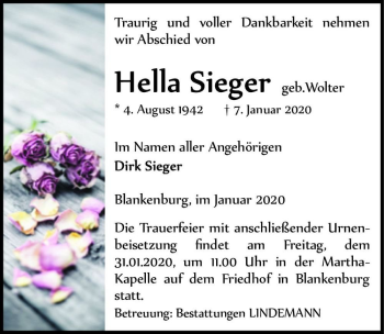 Traueranzeige von Hella Sieger (geb. Wolter)  von Magdeburger Volksstimme