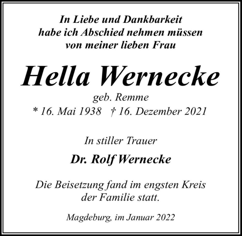  Traueranzeige für Hella Wernecke (geb. Remme)  vom 08.01.2022 aus Magdeburger Volksstimme