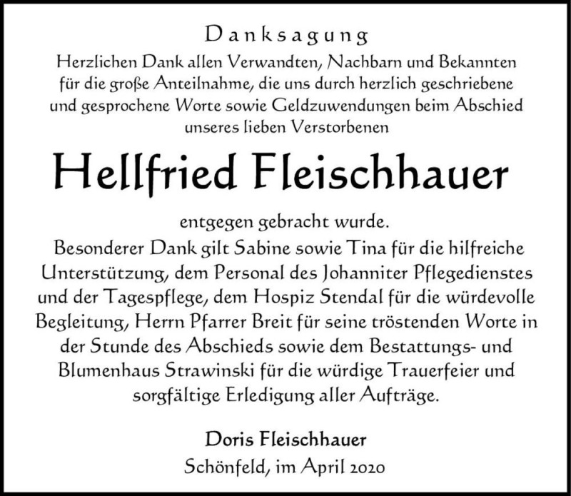  Traueranzeige für Hellfried Fleischhauer  vom 18.04.2020 aus Magdeburger Volksstimme