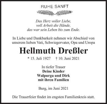 Traueranzeige von Hellmund Dreßler  von Magdeburger Volksstimme