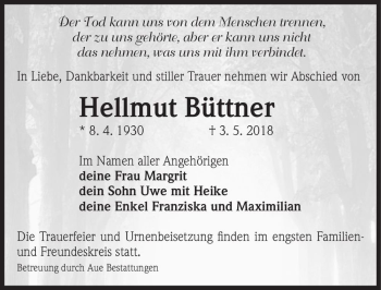 Traueranzeige von Hellmut Büttner  von Magdeburger Volksstimme
