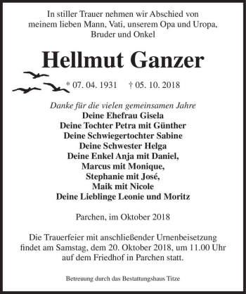 Traueranzeige von Hellmut Ganzer  von Magdeburger Volksstimme