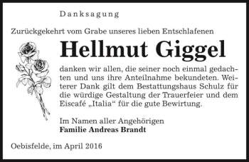Traueranzeige von Hellmut Giggel  von Magdeburger Volksstimme