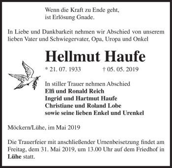 Traueranzeige von Hellmut Haufe  von Magdeburger Volksstimme