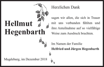 Traueranzeige von Hellmut Hegenbarth  von Magdeburger Volksstimme