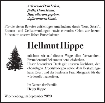 Traueranzeige von Hellmut Hippe  von Magdeburger Volksstimme