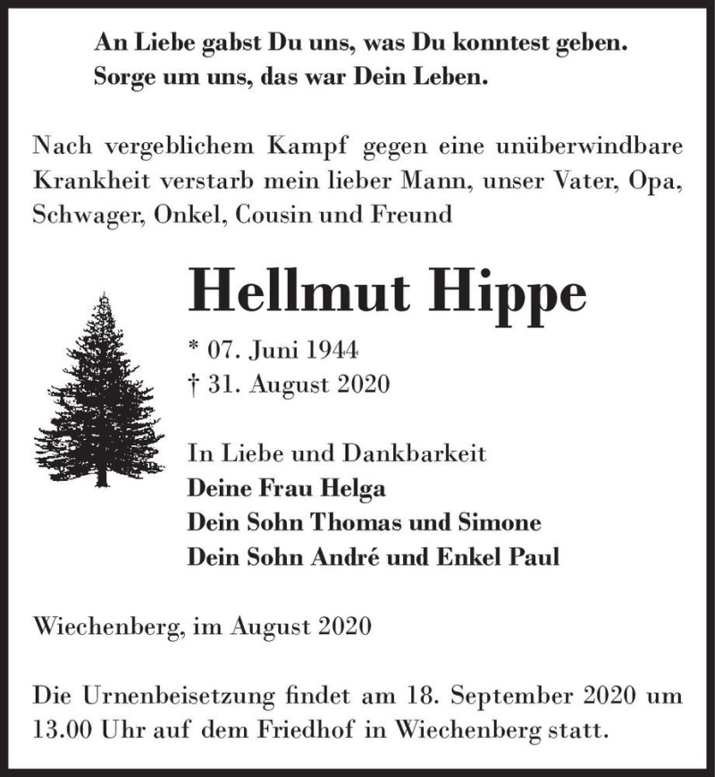  Traueranzeige für Hellmut Hippe  vom 05.09.2020 aus Magdeburger Volksstimme