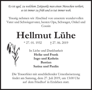 Traueranzeige von Hellmut Lühe  von Magdeburger Volksstimme