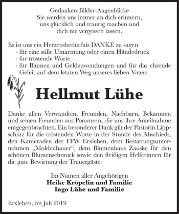 Traueranzeige von Hellmut Lühe  von Magdeburger Volksstimme