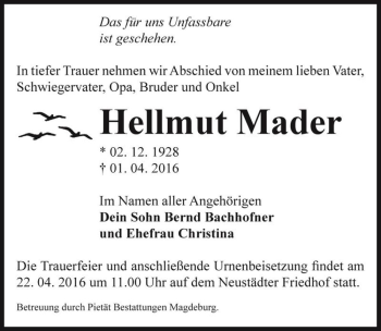 Traueranzeige von Hellmut Mader  von Magdeburger Volksstimme