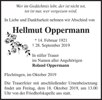 Traueranzeige von Hellmut Oppermann  von Magdeburger Volksstimme