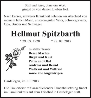 Traueranzeige von Hellmut Spitzbarth  von Magdeburger Volksstimme
