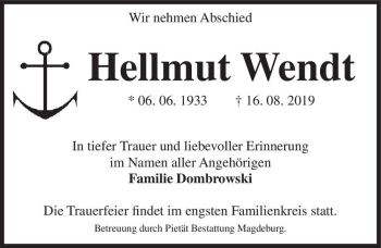 Traueranzeige von Hellmut Wendt  von Magdeburger Volksstimme