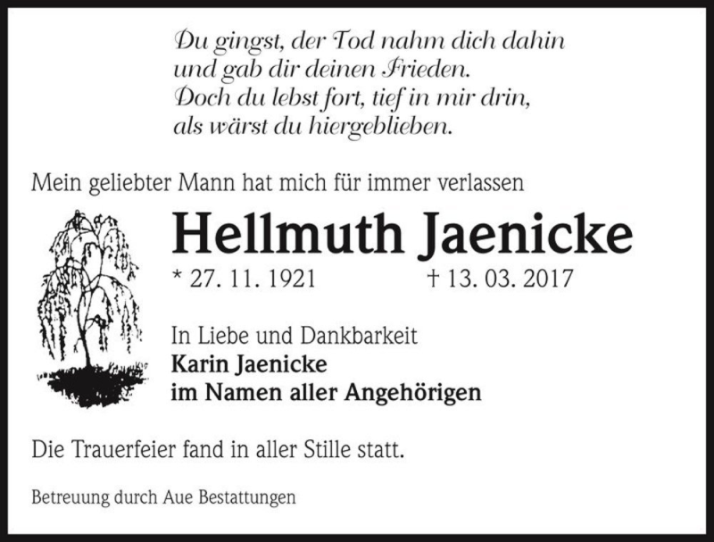  Traueranzeige für Hellmuth Jaenicke  vom 08.04.2017 aus Magdeburger Volksstimme