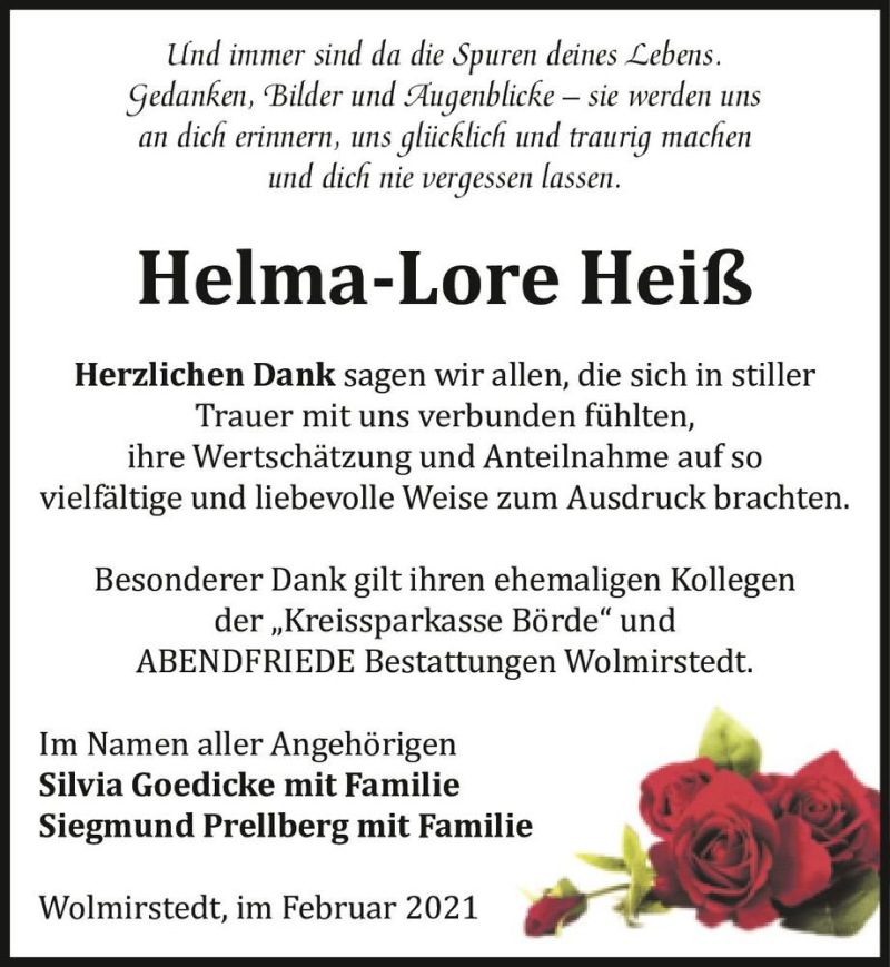  Traueranzeige für Helma-Lore Heiß  vom 20.02.2021 aus Magdeburger Volksstimme