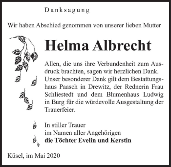 Traueranzeige von Helma Albrecht  von Magdeburger Volksstimme