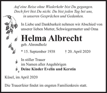 Traueranzeige von Helma Albrecht (geb. Ahrendholz)  von Magdeburger Volksstimme