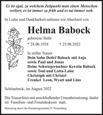 Traueranzeige von Helma Babock (geb. Stehr)  von Magdeburger Volksstimme