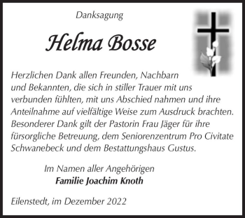 Traueranzeige von Helma Bosse  von Magdeburger Volksstimme