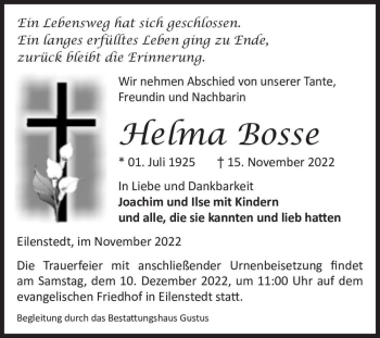 Traueranzeige von Helma Bosse  von Magdeburger Volksstimme
