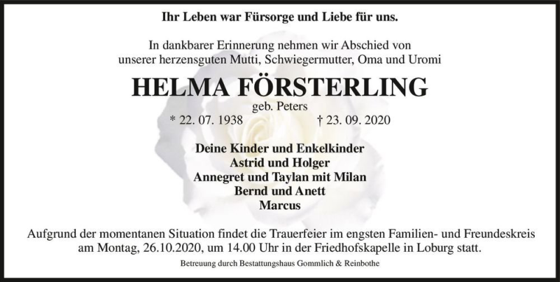  Traueranzeige für Helma Försterling (geb. Peters)  vom 10.10.2020 aus Magdeburger Volksstimme